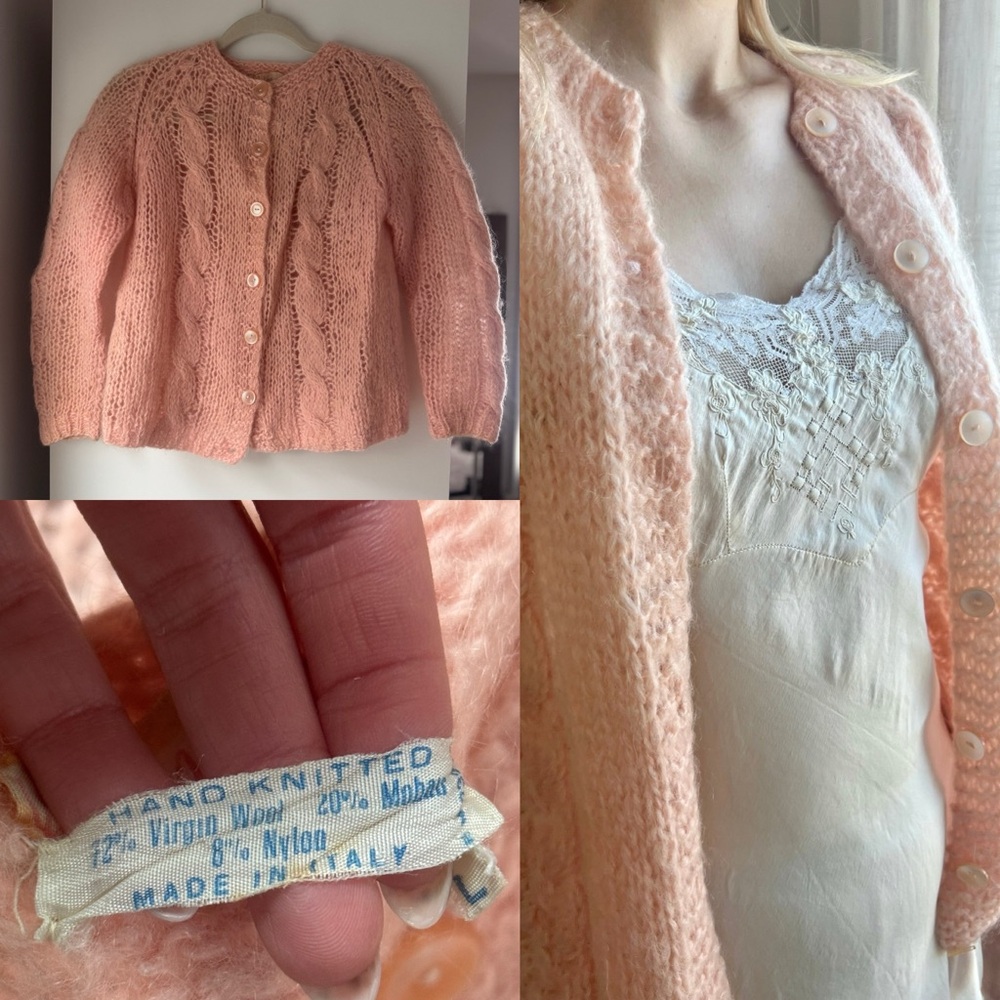 VINTAGE 50s 60s | CARLINA HANDKNIT MOHAIR WOOL BLEND ITALIAN CABLEKNIT CARDIGAN